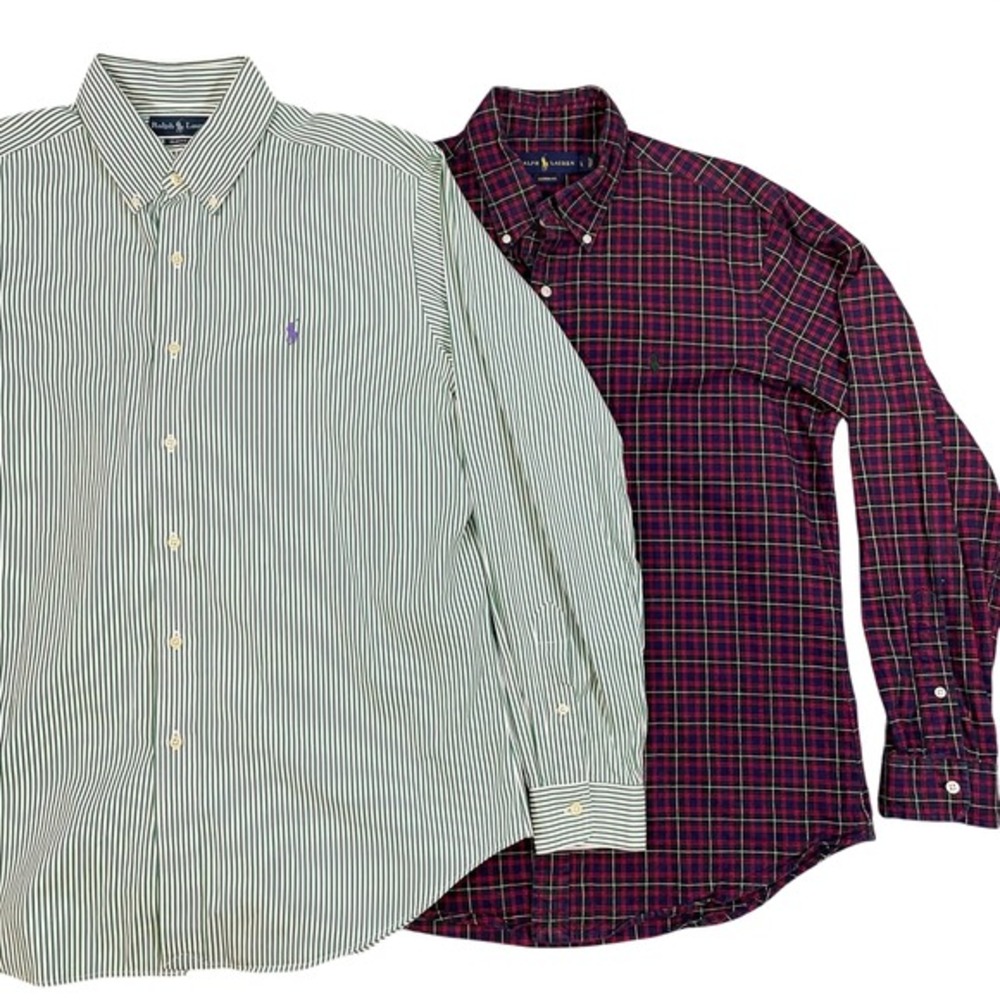 Lot of 2 Ralph‎ Lauren Mens Large Button Down Shirt Green Stripe & Classic Plaid